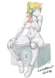 2016 absurdres ahoge android blonde_hair blue_eyes bottomless breasts cave_story colo curly_brace dark_nipples doukutsu_monogatari female full_body headphones highres inverted_nipples long_hair medium_breasts nipples no_pussy robot robot_ears robot_joints shirt_lift sitting solo tank_top thick_thighs thighs white_skin