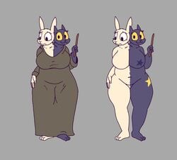 2_heads anthro big_breasts breasts clothing conjoined digital_media_(artwork) duo feline feline female lagomorph magic mammal multi_head rabbit stuck_together theyton wand watch x-ray