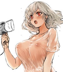 blush breasts collarbone erect_nipples female girls'_frontline hair_dryer highres large_breasts looking_at_viewer red_eyes see-through shirt short_sleeves silver_hair simple_background snowru solo spas-12_(girls'_frontline) t-shirt upper_body white_shirt