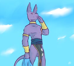 anthro balls beerus bulge clothed clothing dragon_ball dragon_ball_super dragon_ball_z ear_piercing feline flaccid loincloth long_ears looking_at_viewer looking_down male male_only mammal mostly_nude outside pants pecs piercing smile solo squint tohfu topless yellow_eyes