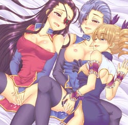 3girls bed black_hair blonde_hair blue_eyes blue_hair blush breasts brown_eyes chinese_girl chinese_girls fingering kakouen_myousai_(koihime) kakouton_genjou koihime†_(series) koihime_musou large_breasts multiple_girls nipples red_eyes sousou_moutoku_(koihime) yuri