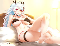 absurdres azur_lane bare_arms bare_legs bare_shoulders barefoot bikini black_bikini breasts choker feet female finger_to_mouth halter_top halterneck highres indoors lamp large_breasts legs_crossed long_hair looking_at_viewer minarai_tenna navel on_bed pillow prinz_eugen_(azur_lane) reclining red_eyes silver_hair soles solo swimsuit thigh_strap toes underboob untied untied_bikini