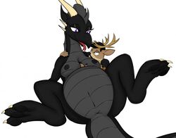 anthro anthro_on_anthro anus black_hair black_scales breast_grab breasts brown_fur cervine claws cuddling deer dragon duo female forked_tongue fur hair hand_on_breast horn larger_female male mammal monohors3 nude purple_eyes pussy scales scalie size_difference smaller_male straight tongue tongue_out vi_ebony_(monohors3) western_dragon