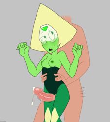 1girls areolae breasts female gem_(species) green_skin kuruko nipples penis peridot_(steven_universe) precum steven_universe topless