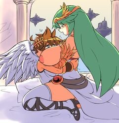 age_difference ahoge angel angel_wings areolae armlet belt blush bracelet breast_smother breasts brown_hair chiton circlet clothed_sex dress female female_on_top forehead_jewel gem gladiator_sandals green_hair happy_sex high_heels hug huge_breasts intimate jewelry kid_icarus kid_icarus_uprising laurel_crown male motion_lines multiple_belts nintendo nipples on_bed palutena parted_bangs paulgq pendant pillow pit pit_(kid_icarus) riding sagging_breasts sex short_hair side_slit single_thighhigh sitting size_difference smaller_male smile smothering straddling straight strapless strapless_dress swept_bangs thighhighs tiara vaginal_penetration vambraces very_long_hair wings