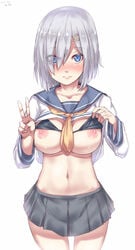 bikini bikini_lift bikini_top bikini_under_clothes black_bikini_top blue_eyes blush breasts closed_mouth collarbone cowboy_shot eyebrows_visible_through_hair eyes_visible_through_hair female frown grey_skirt hair_ornament hair_over_one_eye hairclip hamakaze_(kantai_collection) kantai_collection large_breasts lifted_by_self looking_at_viewer miniskirt navel neckerchief nipple_slip nipples nose_blush pleated_skirt shirt shirt_lift short_hair short_sleeves silver_bell_(artist) silver_hair simple_background skirt solo standing stomach swimsuit v white_background white_shirt yellow_neckwear