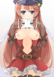 10s belt black_legwear blue_eyes bow breasts breasts_apart breasts_out brown_gloves brown_hair cat's_cradle center_opening cowboy_shot female gloves granblue_fantasy hat holding holding_panties lecia_(granblue_fantasy) long_hair looking_at_viewer nipples no_bra no_panties panties panties_removed partially_visible_vulva peaked_cap presenting_panties sasakura solo stain stained_panties thighhighs underwear white_panties