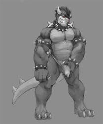 1boy anthro bara bowser clothing collar full_body genital_piercing greyscale grin holding_penis humanoid_penis julicat koopa male male_only mario_(series) monochrome muscular muscular_male nintendo penis penis_piercing piercing prince_albert_piercing red_eyes scalie simple_background smile solo spiked_collar spikes spot_color standing tail teeth underwear video_games