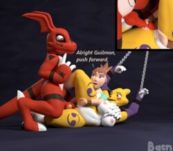 2017 3d assisted_sex bacn blush bondage bound breasts canine chains chest_tuft clothed clothing dialogue digimon duo erection female forced guilmon hair human knot male mammal nipples nude open_mouth penis pussy questionable_consent rape renamon renamon_(bacn) rika_nonaka scalie simple_background spread_legs spreading straight text tuft