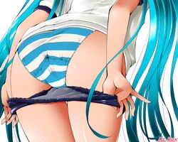 aqua_hair blue_hair buruma dr_rex female gym_uniform hatsune_miku long_hair panties solo stretch striped striped_panties twintails underwear undressing very_long_hair vocaloid