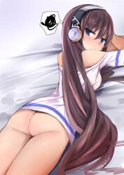 ass azur_lane bangs bed_sheet blue_eyes blush bottomless brown_hair closed_mouth female hair_between_eyes headphones highres jitome long_hair long_island_(azur_lane) looking_at_viewer looking_back lying muoto off-shoulder_shirt off_shoulder on_stomach shirt solo speech_bubble spoken_squiggle squiggle thighs very_long_hair white_shirt