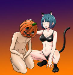 1boy :d animal_ears bangs black_bra black_panties blue_hair blunt_bangs bra breasts cat_ears cat_paws cat_tail cleavage closed_eyes clothed_female_nude_male covering covering_crotch dominatrix female femdom gradient gradient_background halloween hat highres hisano jack-o'-lantern nail nude open_mouth original panties paws penis petting sadism smile squatting standing tail tears trick_or_treat underwear witch_hat