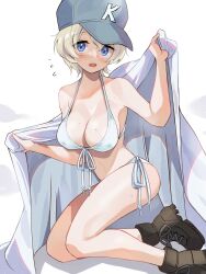 bare_shoulders baseball_cap bikini blanket blaze_(blazeillust) blonde_hair blue_eyes blush boots breasts cleavage female front-tie_bikini_top front-tie_top girls_und_panzer girls_und_panzer_saishuushou hat highres large_breasts letter looking_at_viewer medium_hair navel open_mouth short_hair side-tie_bikini_bottom simple_background single_letter string_bikini swimsuit thighs white_background white_bikini youko_(girls_und_panzer)