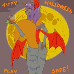 anthro ass balls canine capcom clothing condom costume darkstalkers fox foxtrap girly glass green_eyes hair halloween holding_(disambiguation) holidays kichi lilith_aensland long_hair long_tail male male_only mammal moon nails presenting purple_hair smile solo video_games wings