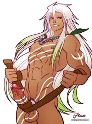 1boy abs erection grin long_hair male male_only muscle nude penis phausto silver_hair smile solo tales_of_(series) tales_of_zestiria tattoo zaveid_(tales)