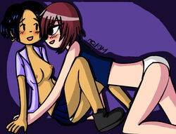 2girls age_difference ass blush breasts clothed female female_only interracial interracial_yuri kim_pine knives_chau mob_face multiple_girls nalem nipples open_clothes open_shirt panties scott_pilgrim unbuttoned_shirt underwear upskirt yuri