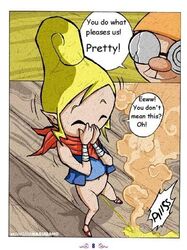 clothing comic english_text female hot_shower hylian mako_(wind_waker) male nudge peeing speech_bubble straight straight_hair tetra text the_legend_of_zelda the_wind_waker whitewashed wind_waker young