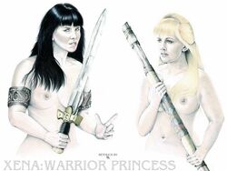 2girls artist_request black_hair blonde_hair breasts female gabrielle_(xena) multiple_girls nipples xena xena_warrior_princess