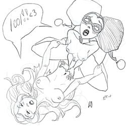 2000s 2007 2girls artist_request artist_signature avatar_legends avatar_the_last_airbender batman_(series) breasts cartoon_network crossover dc dc_comics drawn female female_only fire_nation harley_quinn harley_quinn_(classic) harley_quinn_(the_batman) medium_breasts monochrome nickelodeon nipples nude sketch smooth_skin speech_bubble supervillainess the_batman toonami tribadism ty_lee yuri