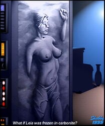 1990s 1999 1girls 20th_century arm_up background black_border breasts carbonite dated english_text female female_only jabba's_palace medium_breasts nipples nudity partially_clothed petrification princess_leia_organa question return_of_the_jedi shabby_blue side_view signature solo star_wars statuefication text topless topless_female torn_clothes torn_pants