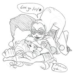 2000s 2007 2girls artist_request artist_signature avatar_legends avatar_the_last_airbender batman_(series) breasts cartoon_network clothing crossover dc dc_comics dialogue drawn english_text female female_only fire_nation harley_quinn harley_quinn_(classic) harley_quinn_(the_batman) monochrome nickelodeon sketch small_breasts smooth_skin speech_bubble text the_batman toonami ty_lee yuri