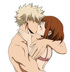 1boy 1boy1girl 1girls alternate_version_available biceps bra dailykrumbs embracing eyes_closed female hugging katsuki_bakugou kissing love male muscle muscles muscular muscular_male my_hero_academia ochako_uraraka romantic straight