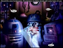 2000 a_new_hope astromech_droid background black_border border breasts breasts_out caption clothed clothed_female clothing clothing_aside dark_room dated dialogue dress dress_down droid english_text female gonk_droid hair_bun hologram human indoors light light-skinned_female light_skin long_dress long_sleeves looking_at_another medium_breasts multiple_boys nipples no_bra no_underwear nudity partially_clothed pornographic_hologram pornography princess princess_leia_organa protocol_droid r2-d2 r5-d4 robot royalty sandcrawler science_fiction shabby_blue side_view signature speech_bubble standing star_wars surrounded tatooine text tied_hair topless topless_female undressing vehicle vehicle_interior voyeur watching watching_porn white_clothing white_dress wide_sleeves