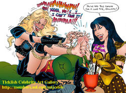 2girls artist_request barefoot black_hair blonde_hair callisto_(xena) english_text legs_together long_hair mtjceleb multiple_girls simple_background speech_bubble tagme text tickle_fetish tickle_torture tickling tickling_feet white_background xena xena_warrior_princess