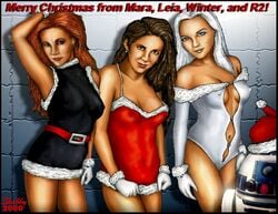 2000 3girls artist_name astromech_droid bare_shoulders belt brown_hair christmas christmas_outfit cleavage clothed clothed_female clothes clothing color colored dated droid earrings english english_text erect_nipples female female_focus gloves human long_hair looking_at_viewer lowres mara_jade mara_jade_skywalker multiple_females multiple_girls nipple_bulge princess_leia_organa r2-d2 red_hair redhead shabby_blue simple_background standing star_wars text uncensored white_gloves white_hair winter_celchu