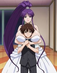 kirika_misono densuke_mifune eiken purple_hair huge_breasts gigantic_breasts long_hair very_long_hair 1girls 1boy breasts ai_assisted ai_generated anime anime_style blunt_bangs high_ponytail smile sidelocks height_difference breasts_bigger_than_head wedding_dress bride suit lipstick indoors looking_at_viewer head_between_breasts hugging_from_behind romantic happy_couple what_if married_couple taller_female shorter_male white_dress