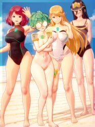 4girls barefoot beach blush blushing classic_enf_pose clothed_female clothed_female_nude_female completely_naked completely_nude completely_nude_female core_crystal covering covering_breasts covering_self dume elf_ears embarrassed embarrassed_nude_female enf female female_focus female_only glasses green_hair medium_breasts morag_ladair_(xenoblade) mythra mythra_(radiant_beach)_(xenoblade) naked naked_female nude_female only_one_naked opaque_glasses outdoor_nudity outdoors pandoria_(xenoblade) public_nudity pussy pyra pyra_(pro_swimmer)_(xenoblade) shaved_crotch shaved_pussy thick_thighs xenoblade_(series) xenoblade_chronicles_2