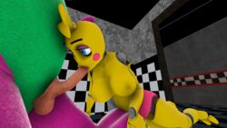 1boy 1girls animatronic avian balls barney_and_friends barney_the_dinosaur big_breasts breasts chicken fellatio female five_nights_at_freddy's five_nights_at_freddy's_2 male nipples nude nudity oral penis source_filmmaker straight toy_chica_(fnaf)