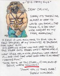 1boy 2005 beard bulge dated english_text gay hairy male male_only muscular nipples original penis penis_outline pubic_hair robin_walden solo text torn_clothes traditional_media yaoi