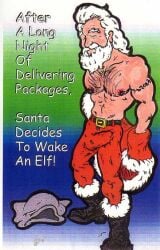 1boy beard bulge christmas cmanart_(calvin) dilf english_text erection gay gradient_background holidays male male_only muscular nipples penis_outline santa_claus simple_background solo tattoo text traditional_media undressing white_hair yaoi