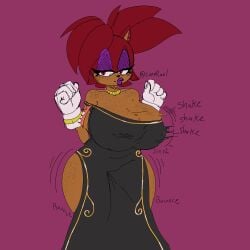 bedroom_eyes big_lips black_dress cameltoe cozy_rael freckles huge_breasts laya_(cozyrael) nipple_piercing nipples_visible_through_clothing original_character red_fur shaking_breasts smiling sonic_oc sonic_the_hedgehog_(series) thick_lips thick_thighs