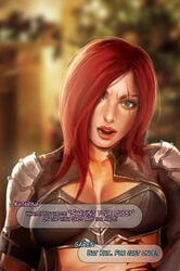 blue_text blurry_background cyan_text eyelashes female firolian green_eyes katarina_du_couteau katarina_shaving_pussy league_of_legends offscreen_character patreon_reward pink_text red_hair scar text upset