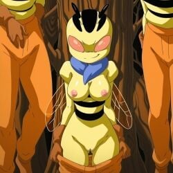 1girl 2boys ai_generated antennae bee breasts gloves insect_girl nipples pants_down presenting pussy shinzo smirk