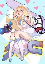 1girls 2016 absurdres ahegao bag bangs blonde_hair blunt_bangs blush boots braid cosmog cross_eyed dildo_sitting dress drool duffel_bag electricity female game_freak gasp green_eyes heart heart-shaped_pupils highres human interspecies knee_boots lillie_(pokemon) long_blonde_hair long_hair magnemite nebby_(pokemon) nintendo oop open_mouth orgasm panties pokeball pokemon pokemon_(species) pokemon_sm pokephilia purse pussy_juice rolling_eyes shoulder_bag sitting sitting_on_dildo sitting_on_penis sleeveless sleeveless_dress summer_dress sun_hat tears tongue tongue_out trembling twin_braids white_dress white_hat white_panties