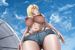 hazbin_hotel vivienne_medrano first1.01 charlie_morningstar_(hazbin_hotel) solo female_protagonist 1girls alternate_skin_color blonde_hair beach sky red_bikini hotpants jeans big_breasts below_view down_angle huge_breasts light_skin hair_over_one_eye red_cheeks bird birds breasts_bigger_than_head breasts_bigger_than_torso