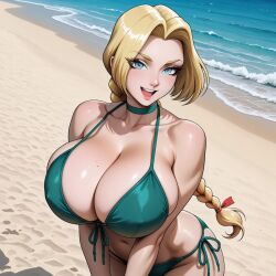 castlevania castlevania_legends sonia_belmont blonde_hair blonde_female parted_bangs braided_hair braid large_breasts bikini green_eyes green_bikini beach ai_generated smile pale_skin pale-skinned_female huge_breasts breasts