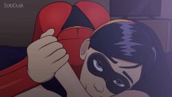 1boy 1girls animated ass balls balls_in_mouth balls_sucking big_ass big_penis black_hair brother_and_sister dash_parr disney eyemask female handjob heroine incest light-skinned_female light_skin light_skinned_male looking_at_viewer pixar solodusk57 stroking_penis sucking_testicles testicles the_incredibles violet_parr
