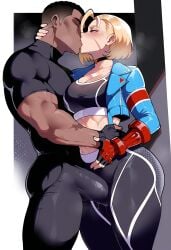 1boy 1girl abs ahoge ai_generated assertive_female biceps black_choker black_gloves black_pants black_sports_bra blonde_hair blue_eyes blue_jacket blush breasts bulge bunnyart02 cammy_white choker cleavage clothing crop_top cropped_jacket dark-skinned_male dark_skin erection erection_under_clothes faceless faceless_male female fingerless_gloves french_kiss frottage gloves grinding height_difference hetero interracial jacket kiss large_breasts male manly medium_breasts midriff muscle muscular muscular_female muscular_male open_clothes open_jacket outside_border pants pendant_choker penis precum pussy_juice red_gloves saliva scar scar_on_cheek scar_on_face short_hair sports_bra street_fighter street_fighter_6 sweat thick_thighs thigh_sex thighs tight_clothes tight_pants toned vambraces white_border yoga_pants
