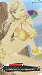 1girls ann_takamaki dochaunt24 3d 3d_(artwork) persona persona_5 atlus blonde_hair hair beach pose posing smile blue_eyes one_eye_closed wink winking earrings ear_piercing lips medium_breasts breasts cleavage golden_bikini bikini bikini_top bikini_bottom topwear bottomwear swimwear golden_week yellow_bikini hips thighs scrunchie armwear solo solo_female female female_only alternate_version_available alternate_hairstyle loose_hair long_hair english_text english text text_box