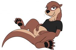 anthro anus bedroom_eyes bottomless brown_fur clothed clothing eyelashes female fur half-closed_eyes kari_(monohors3) looking_at_viewer lying mammal monohors3 mustelid on_back otter pawpads paws presenting presenting_pussy pussy seductive semi-anthro shirt simple_background solo spread_legs spreading t-shirt whiskers white_background