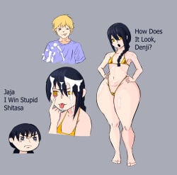 1boy 2026 2d 2d_(artwork) 2girls barefoot belly bikini bikini_bottom bikini_top black_hair blonde_hair chainsaw_man clothed clothed_female color colored cum cum_on_face cum_on_hair denji_(chainsaw_man) english_text female_thick_thighs golden_week grey_background hand_on_hip high_resolution highres huge_thighs maskeds0z mitaka_asa nayuta_(chainsaw_man) ponytail ringed_eyes small_breasts teasing text tiny_breasts tongue_out vagina_visible_through_clothing