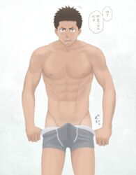 1boy abs brown_hair bulge erection erection_under_clothes frown frowning_at_viewer looking_at_viewer male male_only muscle muscular muscular_male penis serious siroki solo solo_male thumb_in_waistband underwear underwear_only undressing