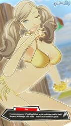1girls 3d 3d_(artwork) alternate_version_available ann_takamaki armwear atlus beach bikini bikini_bottom bikini_top blonde_hair blue_eyes bottomwear breasts cleavage dochaunt24 ear_piercing earrings english english_text female female_only golden_bikini golden_week hair hips lips medium_breasts one_eye_closed persona persona_5 pose posing scrunchie smile solo solo_female swimwear text text_box thighs topwear twintails wink winking yellow_bikini