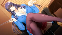 1girls 2010s 2d 2d_(artwork) absurd_res absurdres after_sex ass big_breasts breasts cleavage clothed clothing cum female female_focus female_only game_cg high_heels human kyonyuu_hitozuma_onna_kyoushi_saimin lune milf school school_uniform sitting skyhouse solo solo_female solo_focus squirting stockings straight teacher thick_thighs tsukishima_kyouko wide_hips