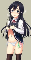 asashio_(kantai_collection) black_hair black_legwear blue_eyes blush condom dress dress_lift female filled_condom flashing heart heart-shaped_pupils heavy_breathing kantai_collection kyougoku_shin lifted_by_self long_hair looking_at_viewer navel over-kneehighs pantyshot pinafore_dress side_tie_panties simple_background smile solo standing suspenders sweatdrop symbol-shaped_pupils thighhighs used_condom wearing_condom white_panties wing_collar