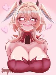 linnea_(genshin_impact) genshin_impact hoyoverse wings wings_on_head elf elf_ears pink_eyes heart-shaped_pupils hair_ornament short_hair cleavage looking_at_viewer big_breasts breasts breasts_bigger_than_head collarbone heart_symbol hearts_around_head self_upload artist_name artist_logo looking_pleasured pleasured_face brock903 clothed clothed_female collar collar_ring